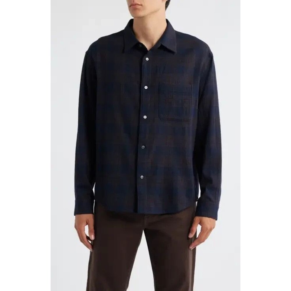 FRAME Shirt Mens Large Navy Burgundy Plaid 100% Wool Flannel Pocket $268